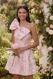 One Shoulder Bow Pink Jacquard A Line Floral Mini Dress