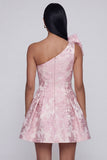 One Shoulder Bow Pink Jacquard A Line Floral Mini Dress
