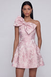 One Shoulder Bow Pink Jacquard A Line Floral Mini Dress