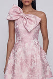 One Shoulder Bow Pink Jacquard A Line Floral Mini Dress