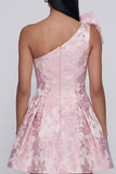 One Shoulder Bow Pink Jacquard A Line Floral Mini Dress