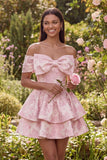 Jacquard Pink Off The Shoulder Bow Tiered A Line Mini Dress