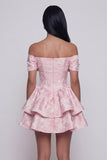 Jacquard Pink Off The Shoulder Bow Tiered A Line Mini Dress