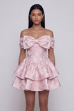 Jacquard Pink Off The Shoulder Bow Tiered A Line Mini Dress