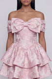 Jacquard Pink Off The Shoulder Bow Tiered A Line Mini Dress