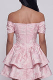 Jacquard Pink Off The Shoulder Bow Tiered A Line Mini Dress