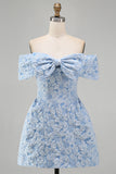 Blue A Line Jacquard Off The Shoulder Bow Mini Dress