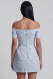 Blue A Line Jacquard Off The Shoulder Bow Mini Dress
