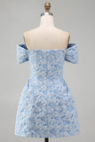 Blue A Line Jacquard Off The Shoulder Bow Mini Dress