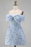 Blue A Line Jacquard Off The Shoulder Bow Mini Dress