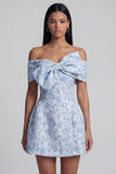 Blue A Line Jacquard Off The Shoulder Bow Mini Dress
