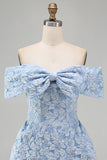 Blue A Line Jacquard Off The Shoulder Bow Mini Dress