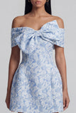 Blue A Line Jacquard Off The Shoulder Bow Mini Dress