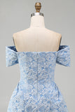 Blue A Line Jacquard Off The Shoulder Bow Mini Dress