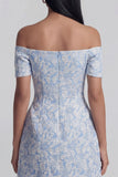 Blue A Line Jacquard Off The Shoulder Bow Mini Dress