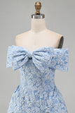 Blue A Line Jacquard Off The Shoulder Bow Mini Dress