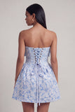 Strapless Blue Jacquard Bow A Line Mini Dress