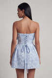 Strapless Blue Jacquard Bow A Line Mini Dress