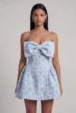 Strapless Blue Jacquard Bow A Line Mini Dress