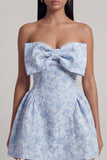 Strapless Blue Jacquard Bow A Line Mini Dress