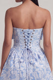 Strapless Blue Jacquard Bow A Line Mini Dress