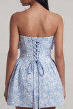 Strapless Blue Jacquard Bow A Line Mini Dress