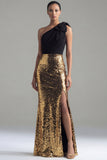 Sparkly One Shoulder Bow Black and Gold Mermaid Evening Dress with Slit