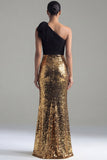 Sparkly One Shoulder Bow Black and Gold Mermaid Evening Dress with Slit