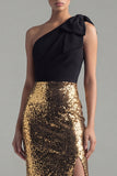 Sparkly One Shoulder Bow Black and Gold Mermaid Evening Dress with Slit