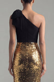 Sparkly One Shoulder Bow Black and Gold Mermaid Evening Dress with Slit