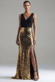 Black and Gold Sequin Mermaid V-Neck Evening Dress with Slit