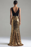 Black and Gold Sequin Mermaid V-Neck Evening Dress with Slit