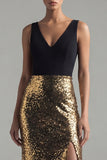 Black and Gold Sequin Mermaid V-Neck Evening Dress with Slit