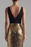 Black and Gold Sequin Mermaid V-Neck Evening Dress with Slit