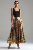 Sparkly A Line Square Neck Black and Gold Midi Formal Dress