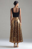 Sparkly A Line Square Neck Black and Gold Midi Formal Dress