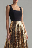 Sparkly A Line Square Neck Black and Gold Midi Formal Dress