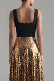 Sparkly A Line Square Neck Black and Gold Midi Formal Dress