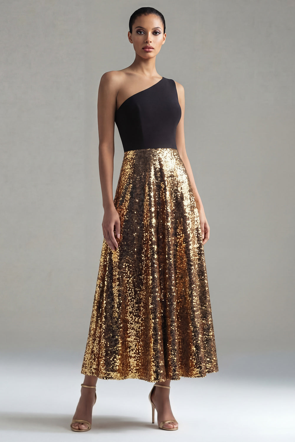 Wedtrend Women Sparkly Black and Gold Formal Dress One Shoulder A Line