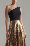 One Shoulder A Line Black and Gold Formal Dress