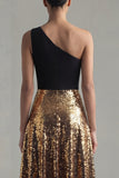 One Shoulder A Line Black and Gold Formal Dress