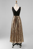 Black and Gold V-Neck Sequin A Line Formal Dress