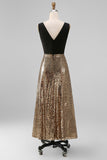 Black and Gold V-Neck Sequin A Line Formal Dress