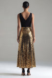 Black and Gold V-Neck Sequin A Line Formal Dress