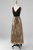 Black and Gold V-Neck Sequin A Line Formal Dress