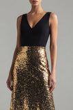 Black and Gold V-Neck Sequin A Line Formal Dress
