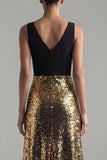 Black and Gold V-Neck Sequin A Line Formal Dress