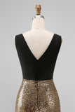 Black and Gold V-Neck Sequin A Line Formal Dress