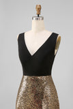 Black and Gold V-Neck Sequin A Line Formal Dress