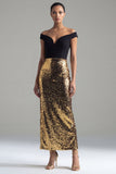 Sparkly Off The Shoulder Black and Gold Sheath Midi Formal Dress